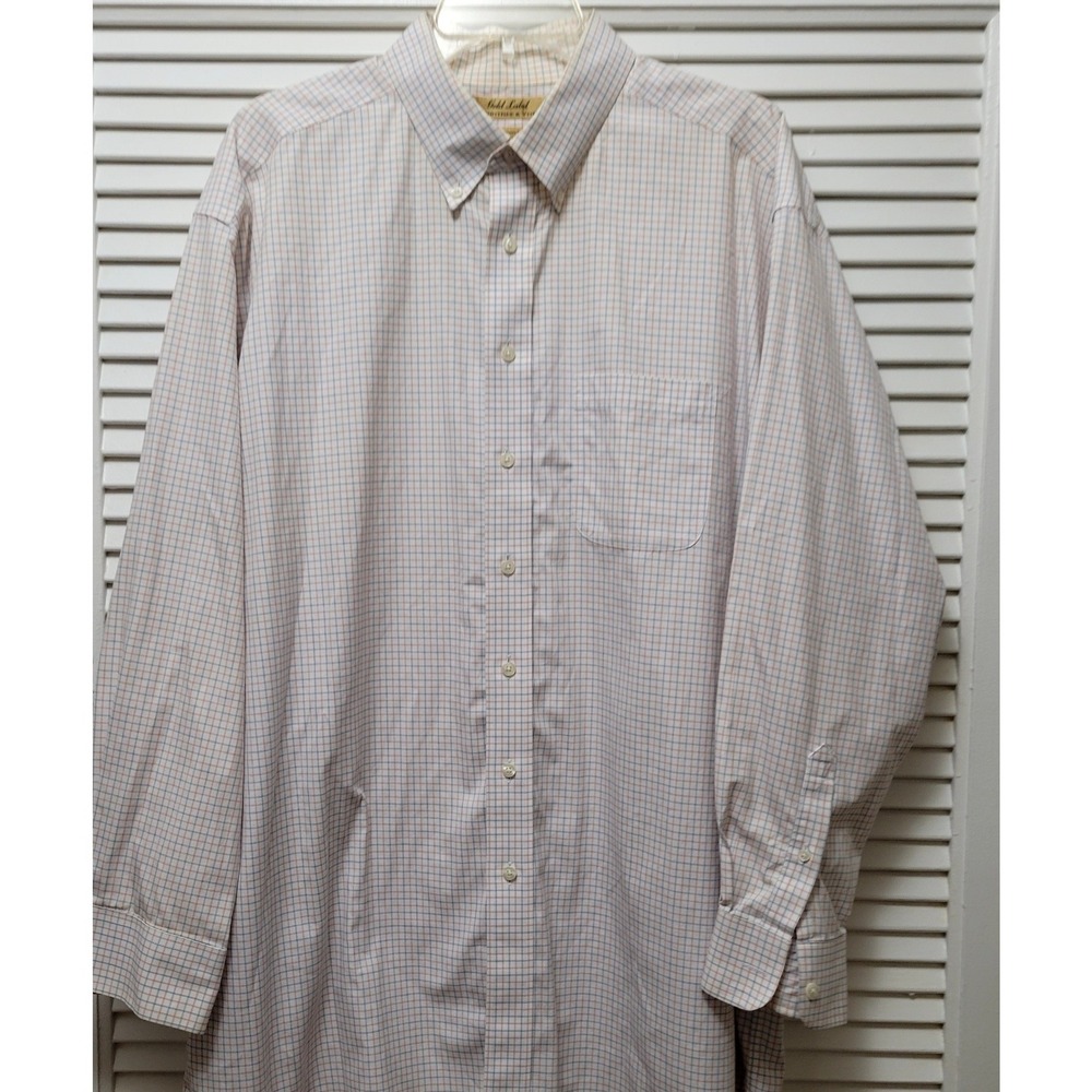 Roundtree & Yorke Gold Label Dress Shirt Mens 17 34 Non-Iron Check Cotton